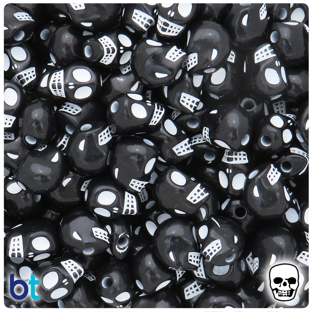 Black Opaque 13mm Skull Large Hole Plastic Beads - White Details (62pcs)