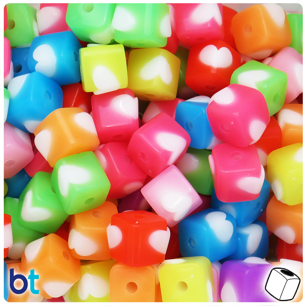 Mixed Translucent 12mm Cube Plastic Beads - White Hearts (26pcs)