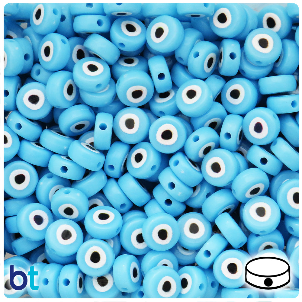 Light Blue Opaque 10mm Flat Round Plastic Beads - Evil Eye Design (100pcs)