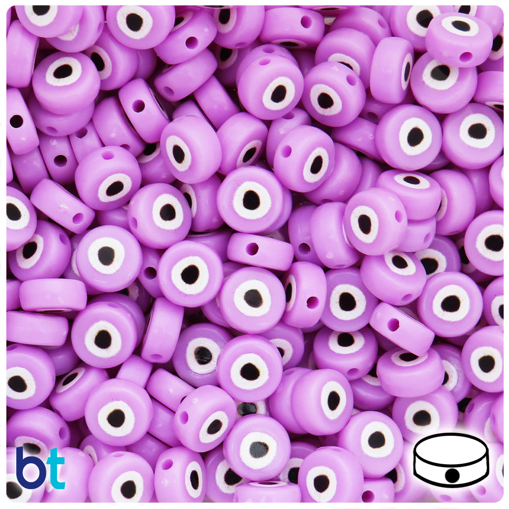 Light Purple Opaque 10mm Flat Round Plastic Beads - Evil Eye Design (100pcs)