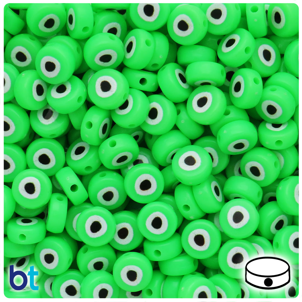 Green Opaque 10mm Flat Round Plastic Beads - Evil Eye Design (100pcs)