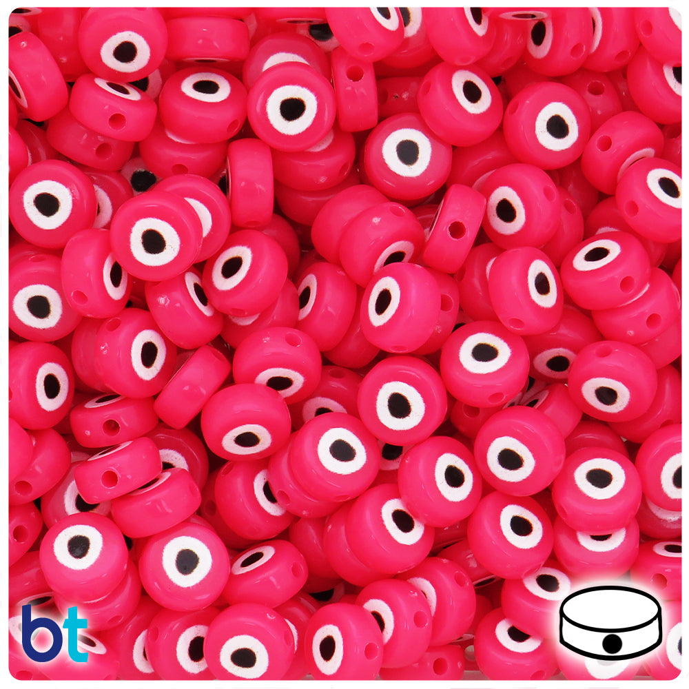 Dark Pink Opaque 10mm Flat Round Plastic Beads - Evil Eye Design (100pcs)