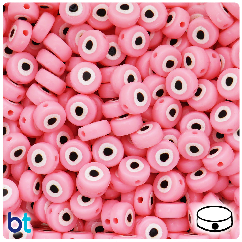 Light Pink Opaque 10mm Flat Round Plastic Beads - Evil Eye Design (100pcs)