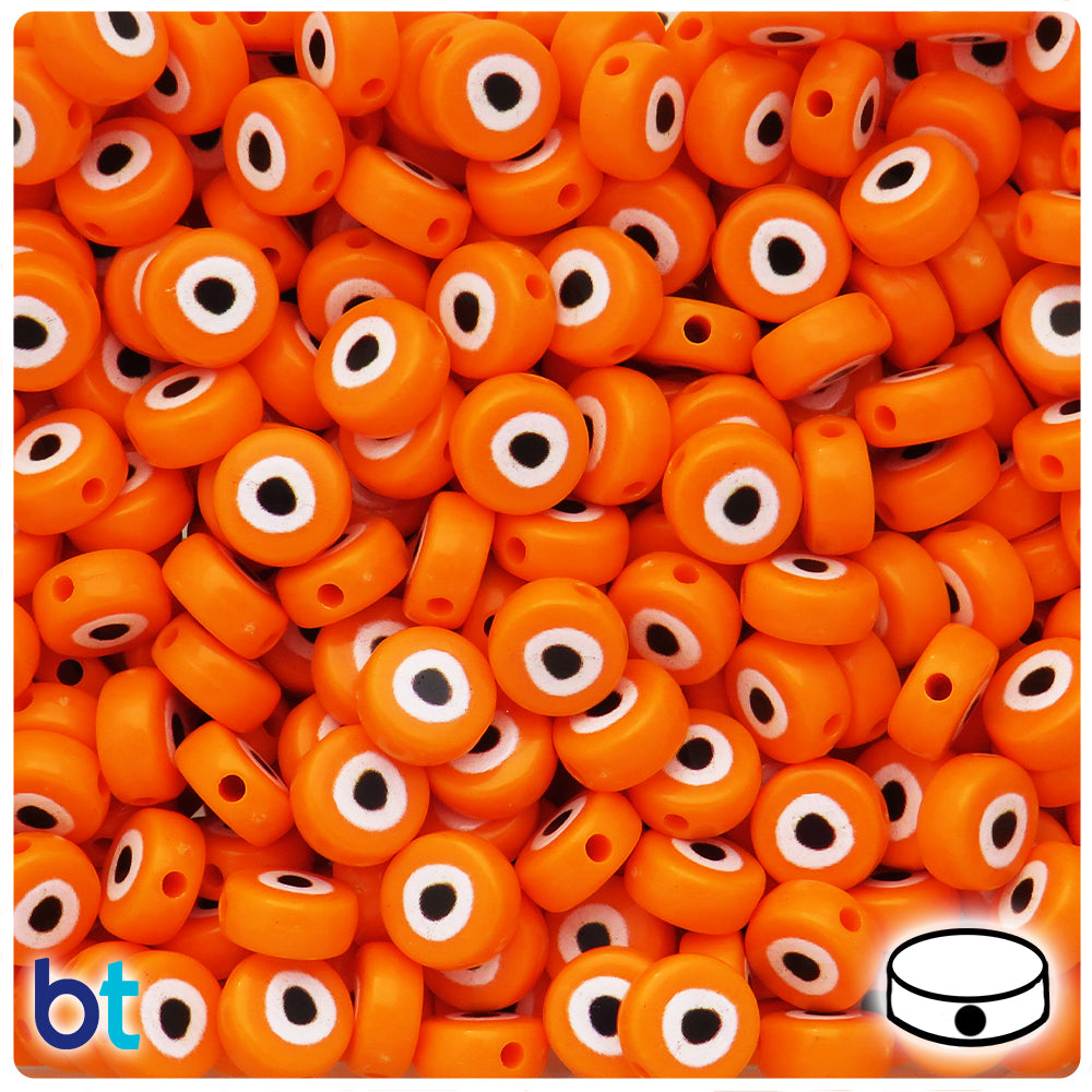 Orange Opaque 10mm Flat Round Plastic Beads - Evil Eye Design (100pcs)