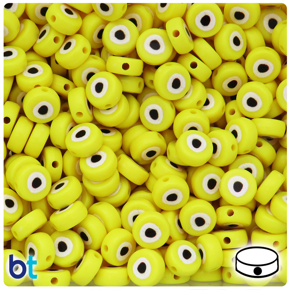 Yellow Opaque 10mm Flat Round Plastic Beads - Evil Eye Design (100pcs)