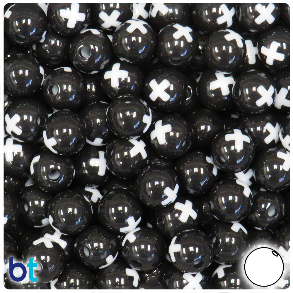 Black Opaque 12mm Round Plastic Beads - White Crosses (50pcs)