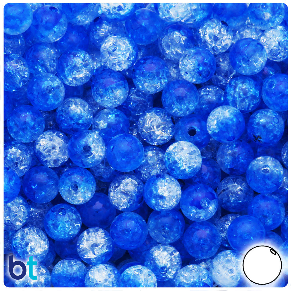 Dark Blue & Clear Transparent 10mm Round Plastic Beads - Crackle Effec