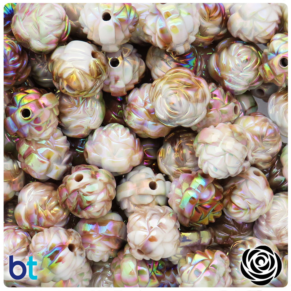 Brown & White Opaque AB 15mm Flower Plastic Beads (24pcs)