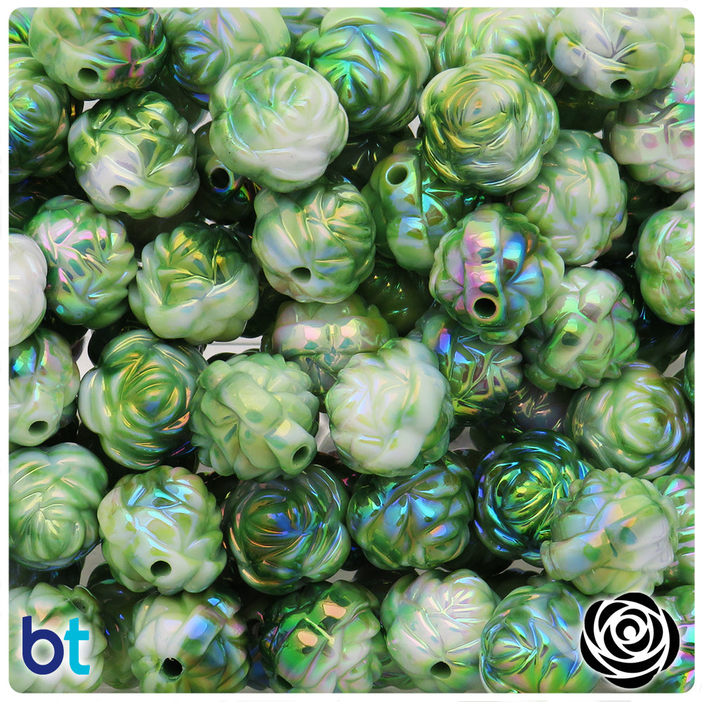 Green & White Opaque AB 15mm Flower Plastic Beads (24pcs)