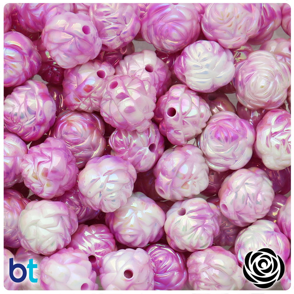 Purple & White Opaque AB 15mm Flower Plastic Beads (24pcs)