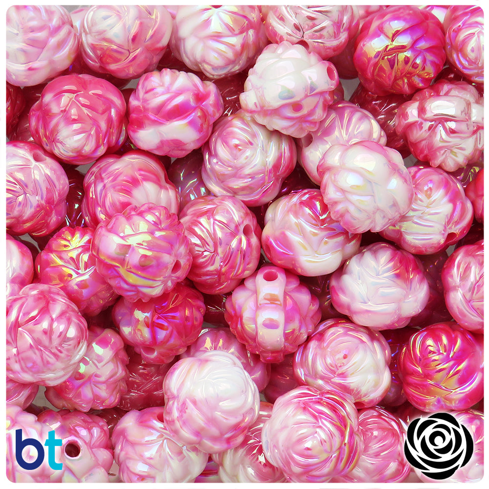 Pink & White Opaque AB 15mm Flower Plastic Beads (24pcs)