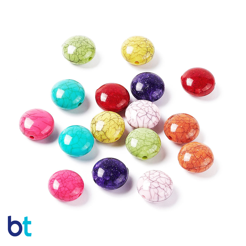 Mixed Opaque 17mm Flat Round Plastic Beads - Crackle Effect (56g)