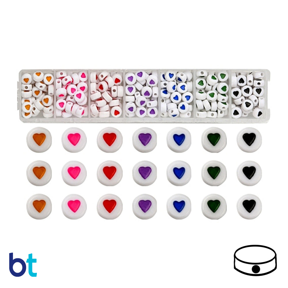 White Opaque 7mm Coin Alpha Beads - Colored Hearts (Box Set)