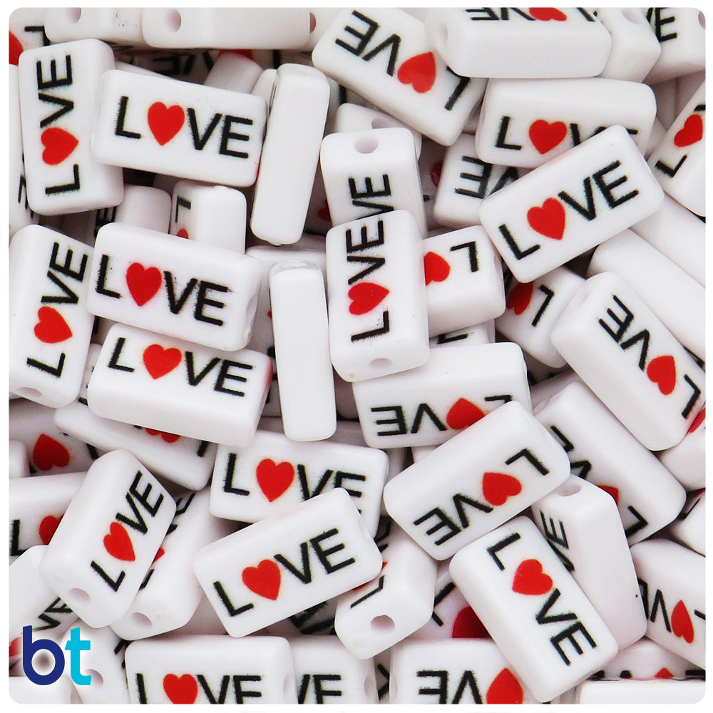 White Opaque 18mm Rectangle Plastic Alpha Beads - Love (20pcs)