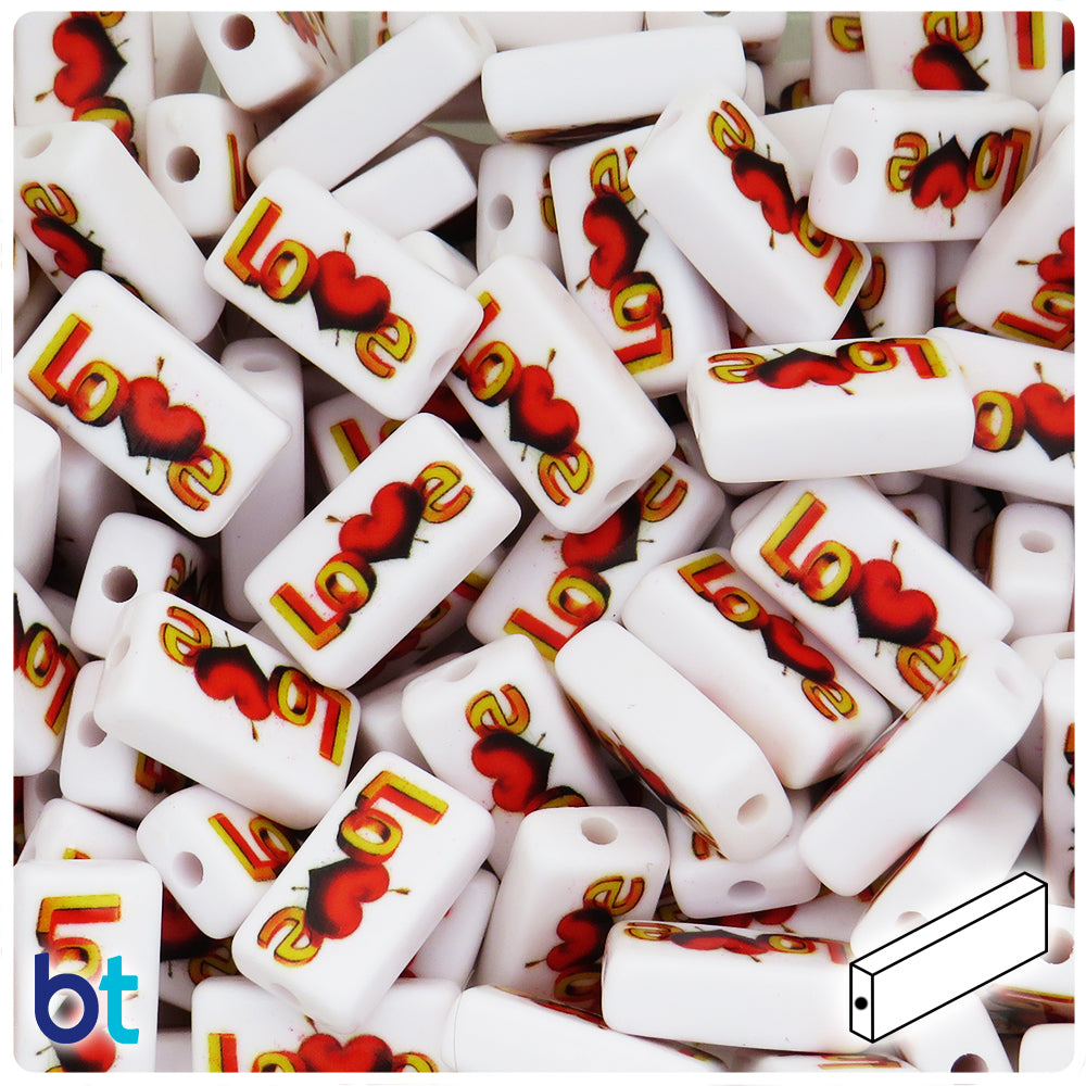 White Opaque 18mm Rectangle Plastic Alpha Beads - Heart & Love (20pcs)