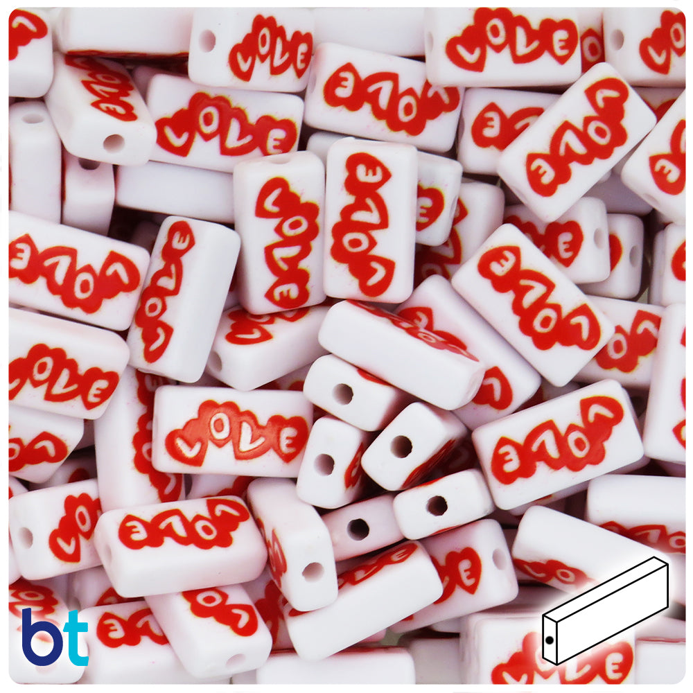 White Opaque 18mm Rectangle Plastic Alpha Beads - Red Hearts Love (20pcs)