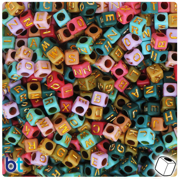 Country Opaque Mix 6mm Cube Alphabet Beads - Gold Letter Mix (200pcs)