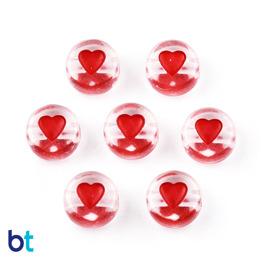 Clear Transparent 7mm Coin Alpha Beads - Red Hearts (250pcs)