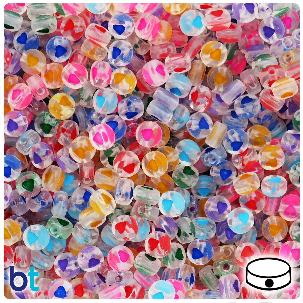 Clear Transparent 7mm Coin Alpha Beads - Colored Hearts (250pcs)