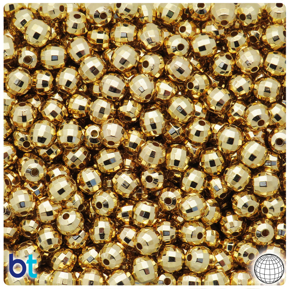 Gold Metallic 7mm Faceted Globe Plastic Beads (200pcs)