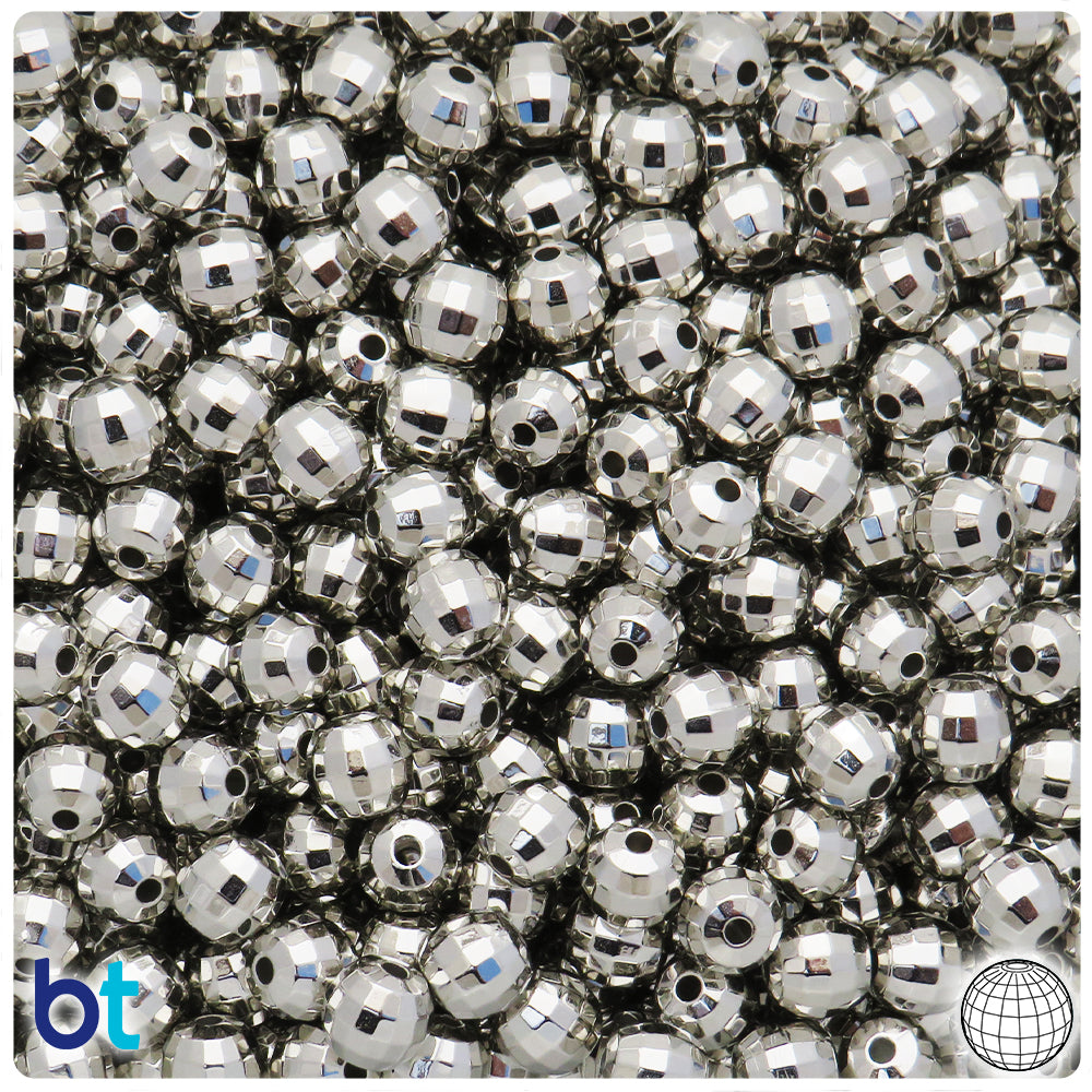 Silver Metallic 7mm Faceted Globe Plastic Beads (200pcs)