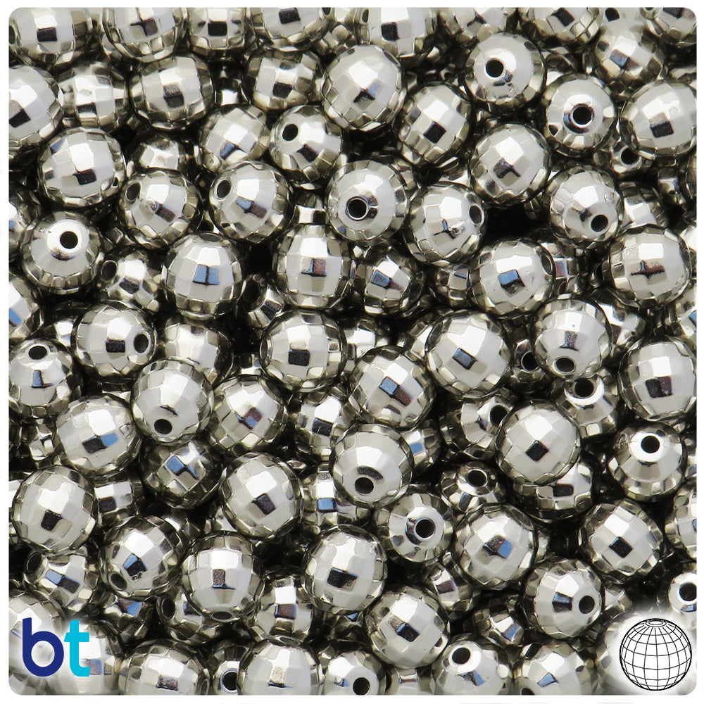 Silver Metallic 9mm Faceted Globe Plastic Beads (125pcs)