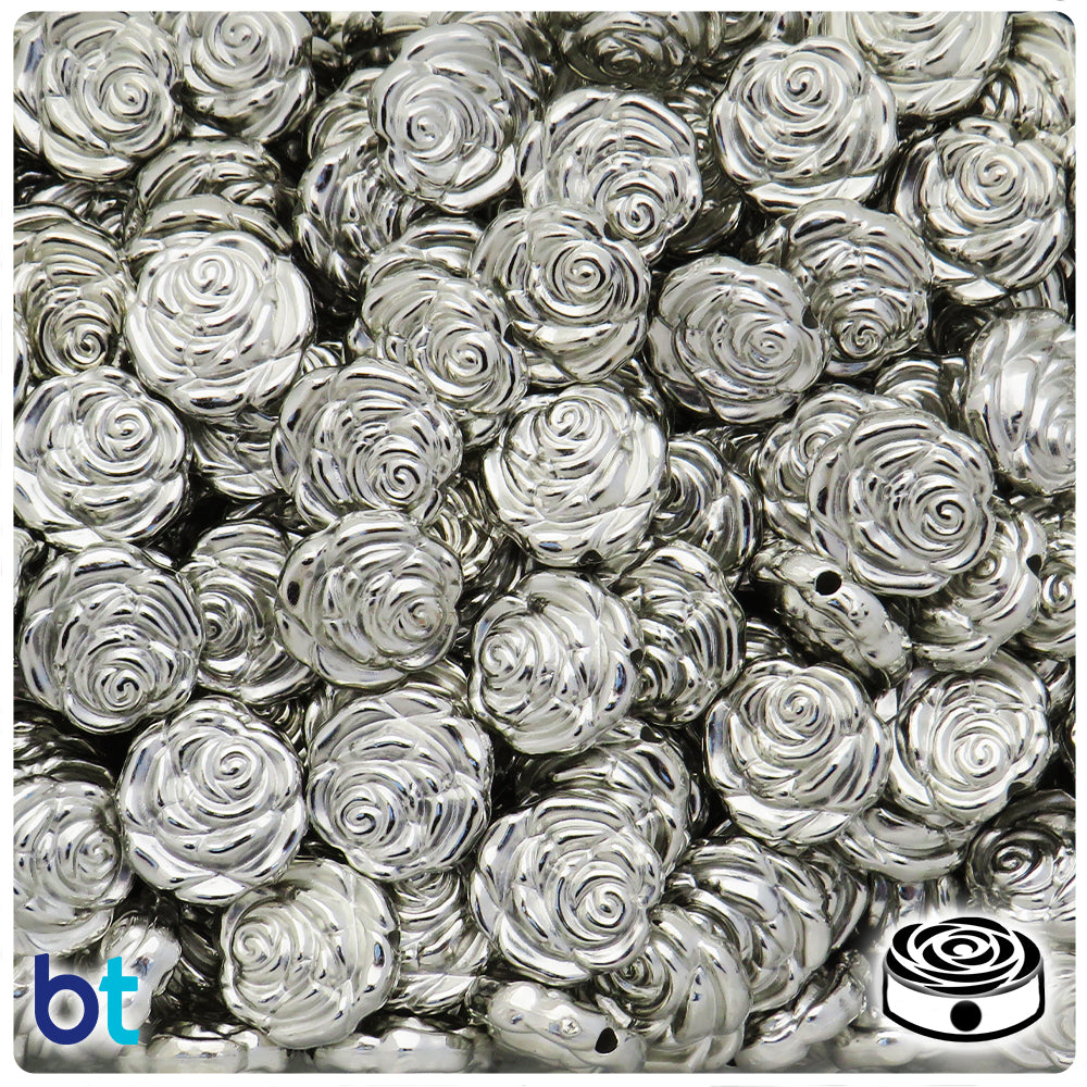 Silver Metallic 14mm Flat Flower Plastic Beads (100pcs)