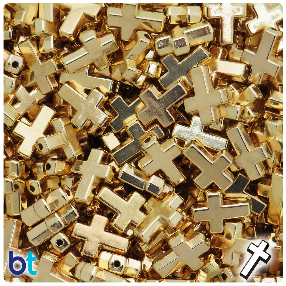 Gold Metallic 16mm Cross Plastic Beads (100pcs)