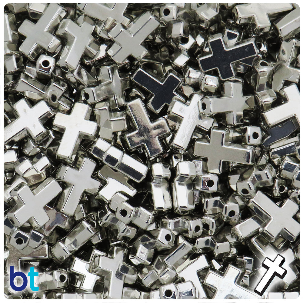 Silver Metallic 16mm Cross Plastic Beads (100pcs)