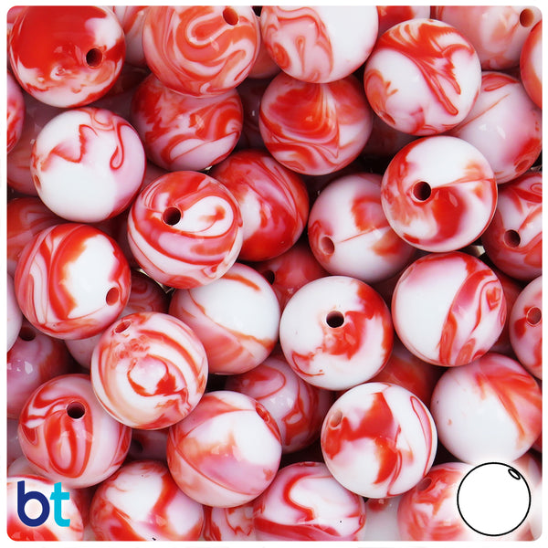 Red Marbled 12mm Round Large Hole Plastic Pony Beads (75pcs)
