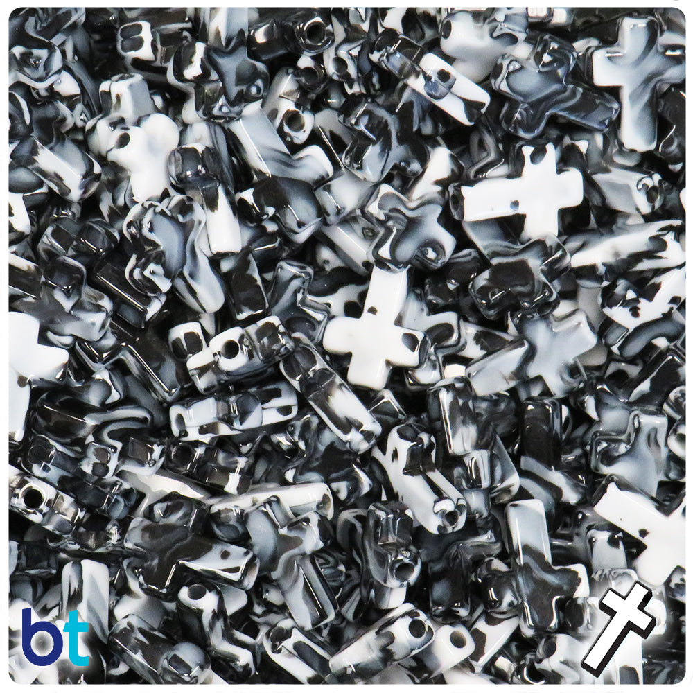 Black Marbled 16mm Cross Plastic Beads (100pcs)