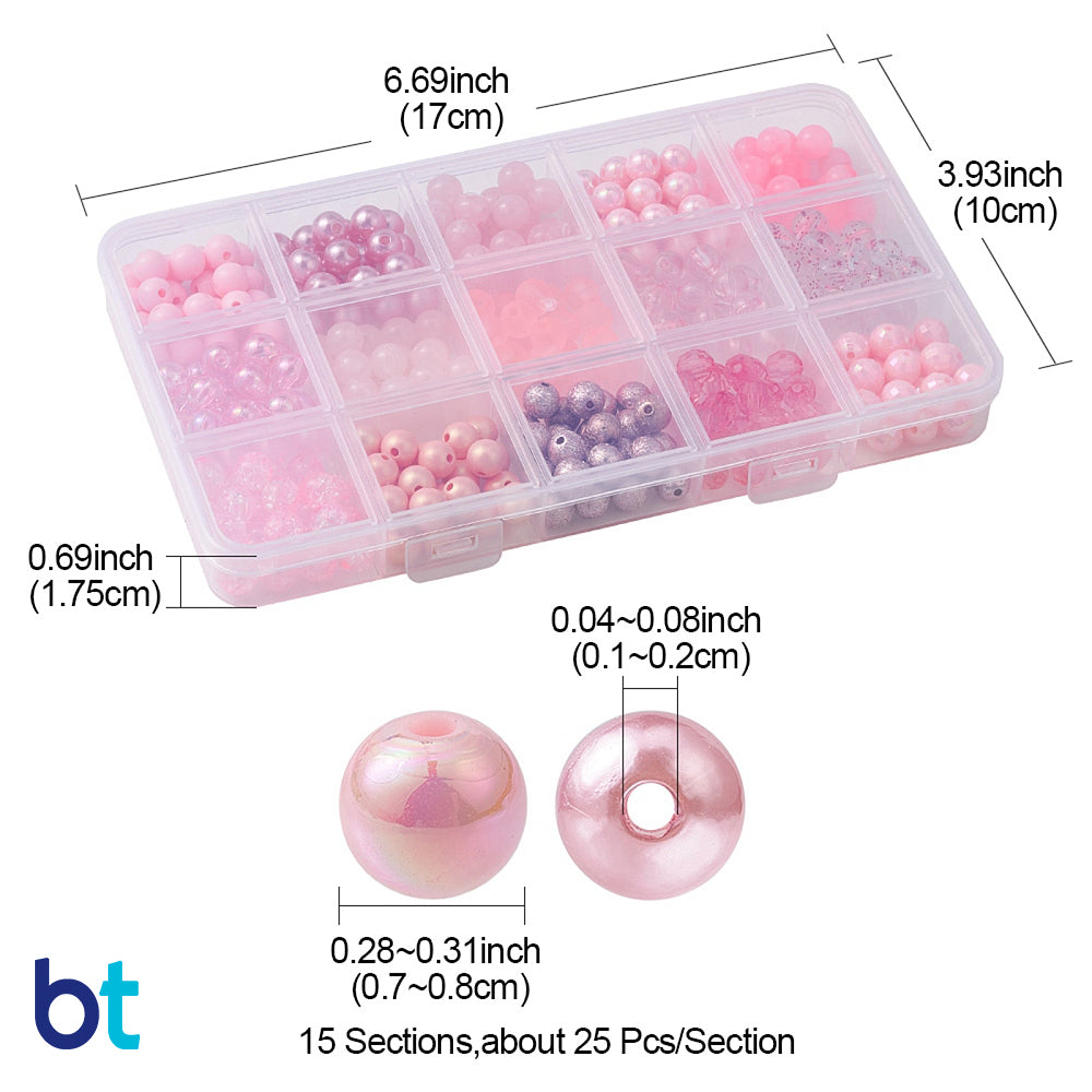 Pink Shades 8mm Round Plastic Beads (Box/15 Styles)