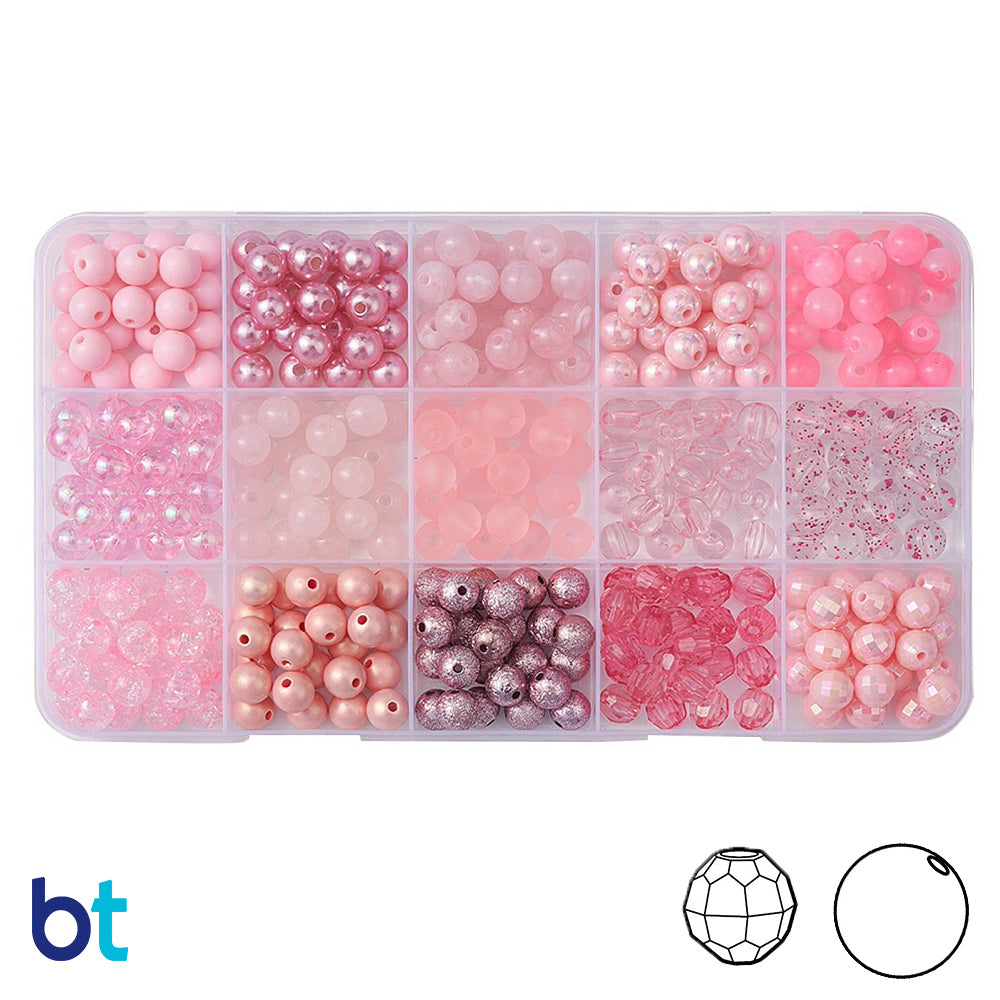 Pink Shades 8mm Round Plastic Beads (Box/15 Styles)