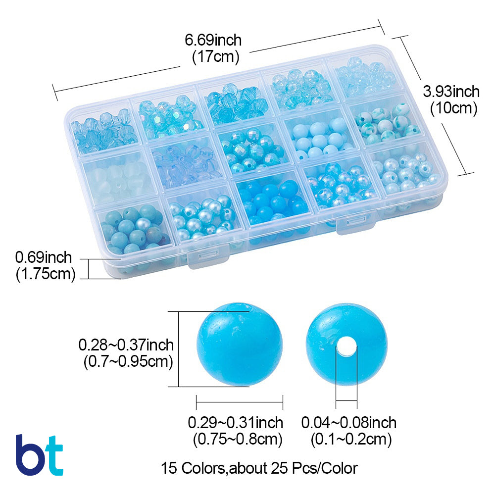 Blue Shades 8mm Round Plastic Beads (Box/15 Styles)