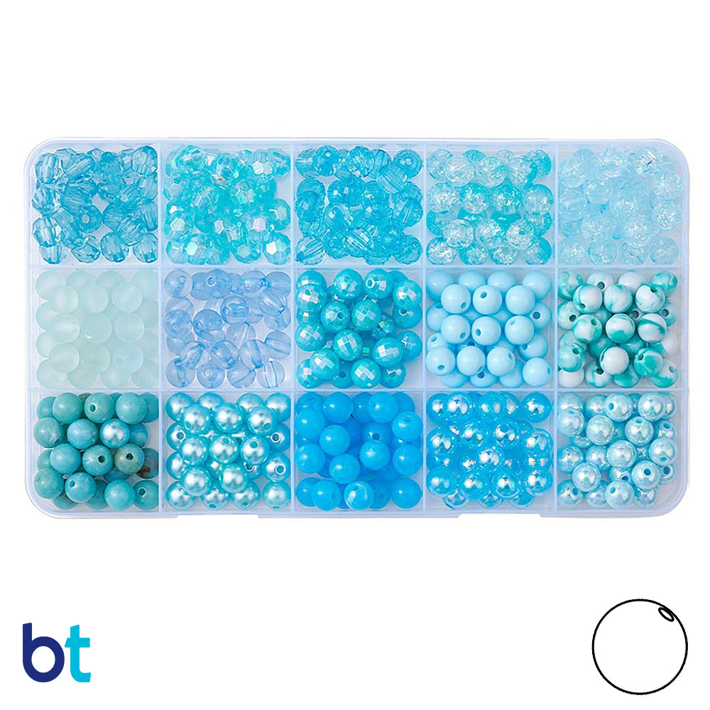 Blue Shades 8mm Round Plastic Beads (Box/15 Styles)