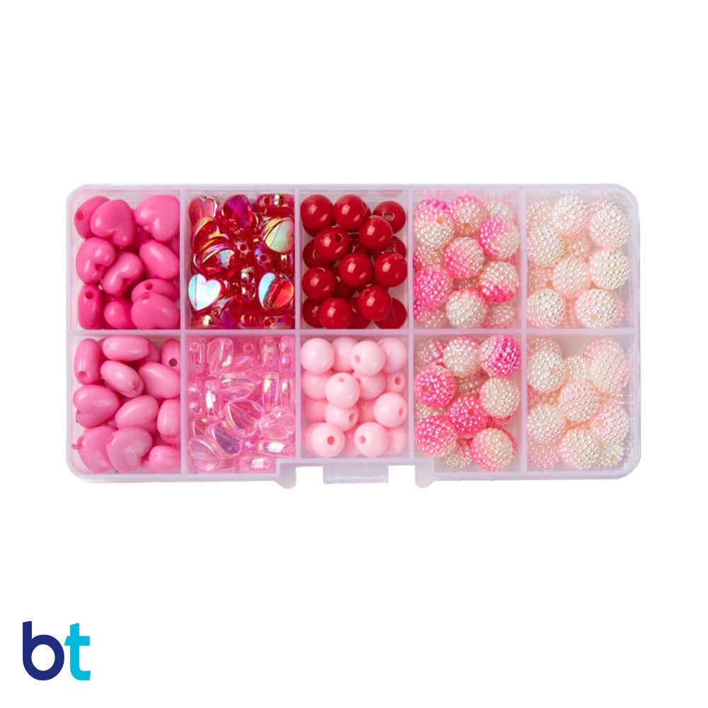 Pink, Red & White Shades Plastic Beads (Box/8 Styles)