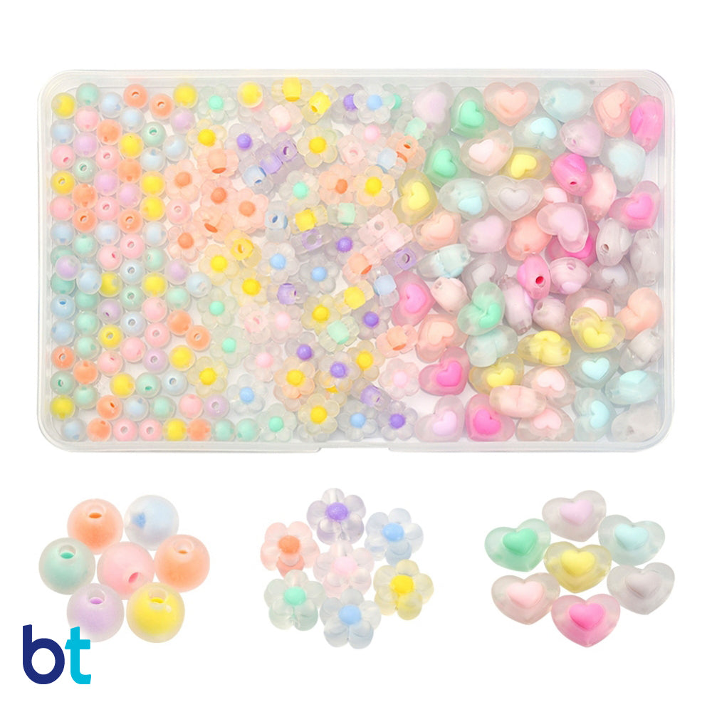 Clear Frosted Hearts & Flowers Plastic Beads - Colored Core (Box/3 Styles)