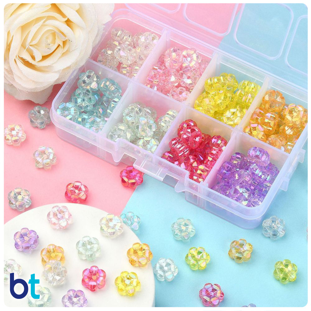 Transparent AB 10mm Flower Plastic Beads (Box/8 Colors)