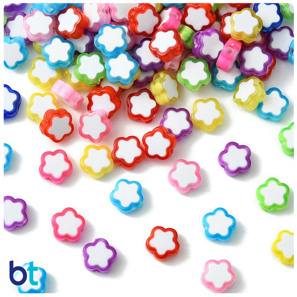 Transparent 10mm Flower Plastic Beads - White Core (Box/7 Colors)