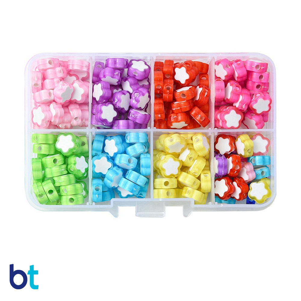 Transparent 10mm Flower Plastic Beads - White Core (Box/7 Colors)