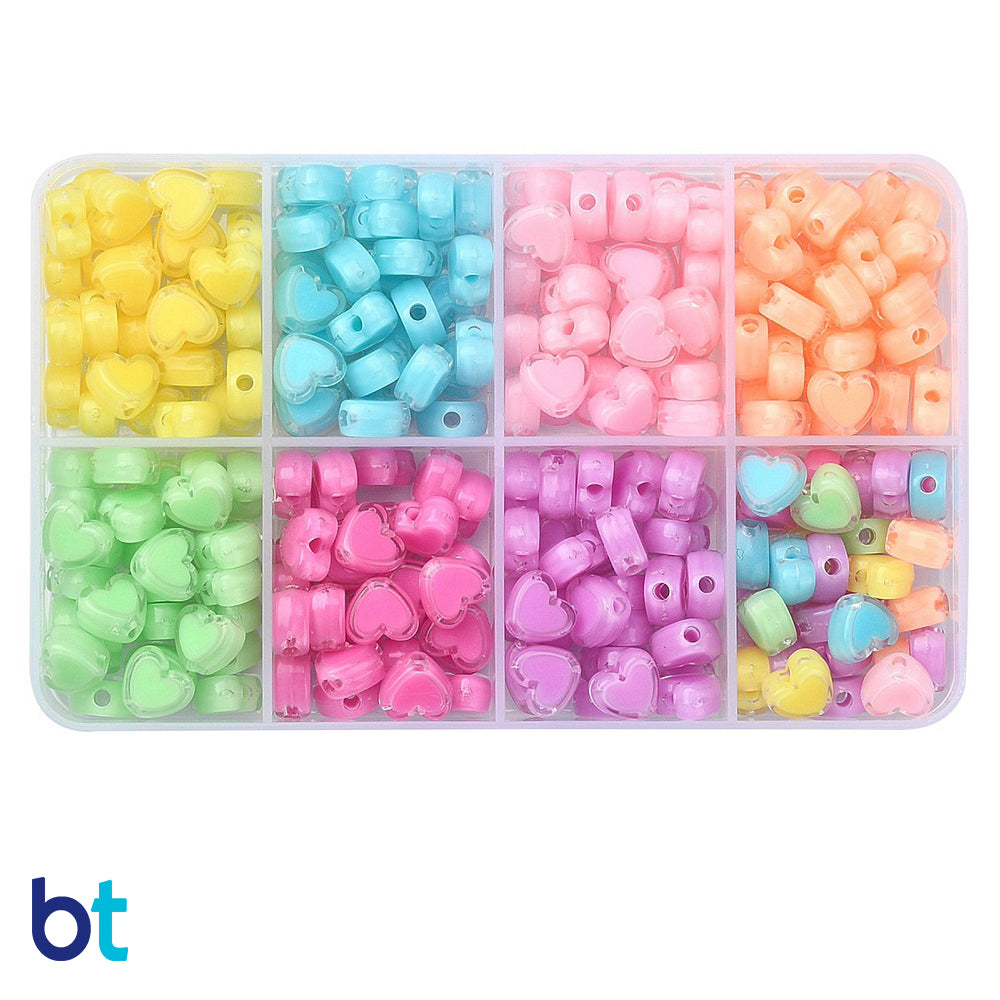 Transparent 8mm Heart Plastic Beads - White Core (Box/7 Colors)