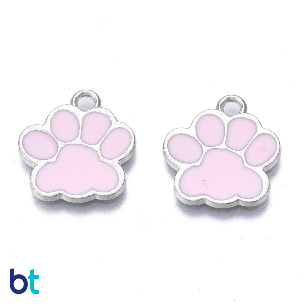 Pink Silver Tone 17mm Paw Print Metal Charms (20pcs)