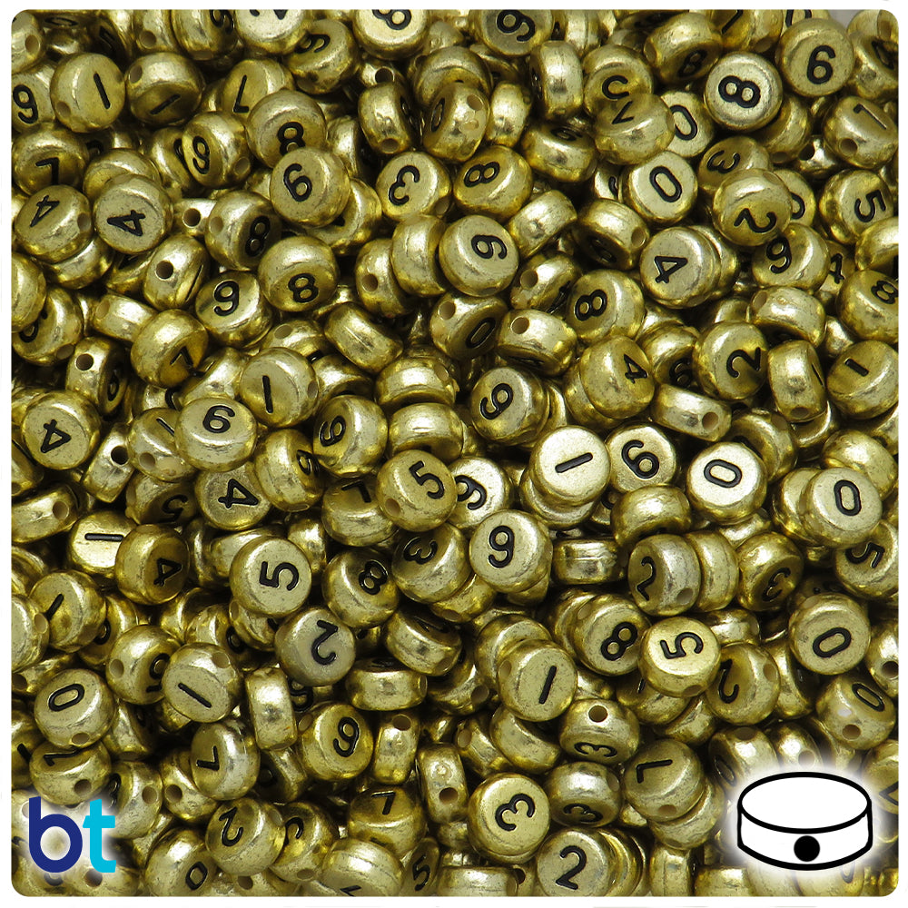 Gold Metallic 7mm Coin Alpha Beads - Black Number Mix (250pcs)