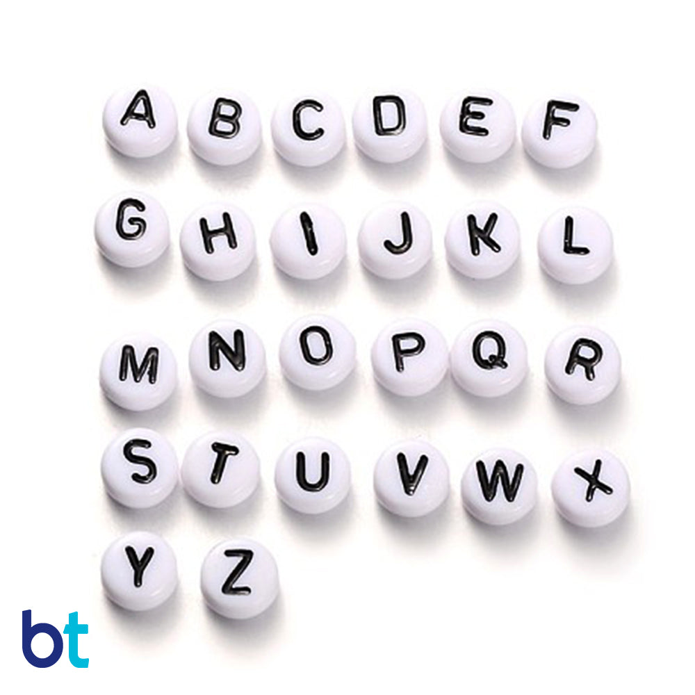 Wholesale - White Opaque 7mm Coin Plastic Alpha Beads - Black Letters