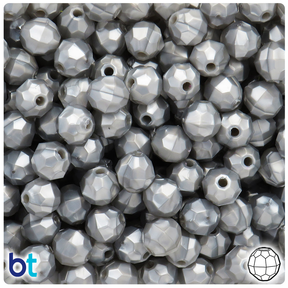 Medium Silver Pearl 10mm Faceted Round Plastic Beads (225pcs)