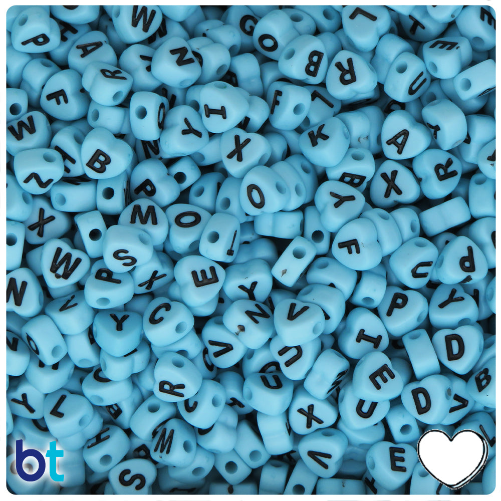 Light Blue Opaque 7mm Heart Alpha Beads - Black Letter Mix (250pcs)