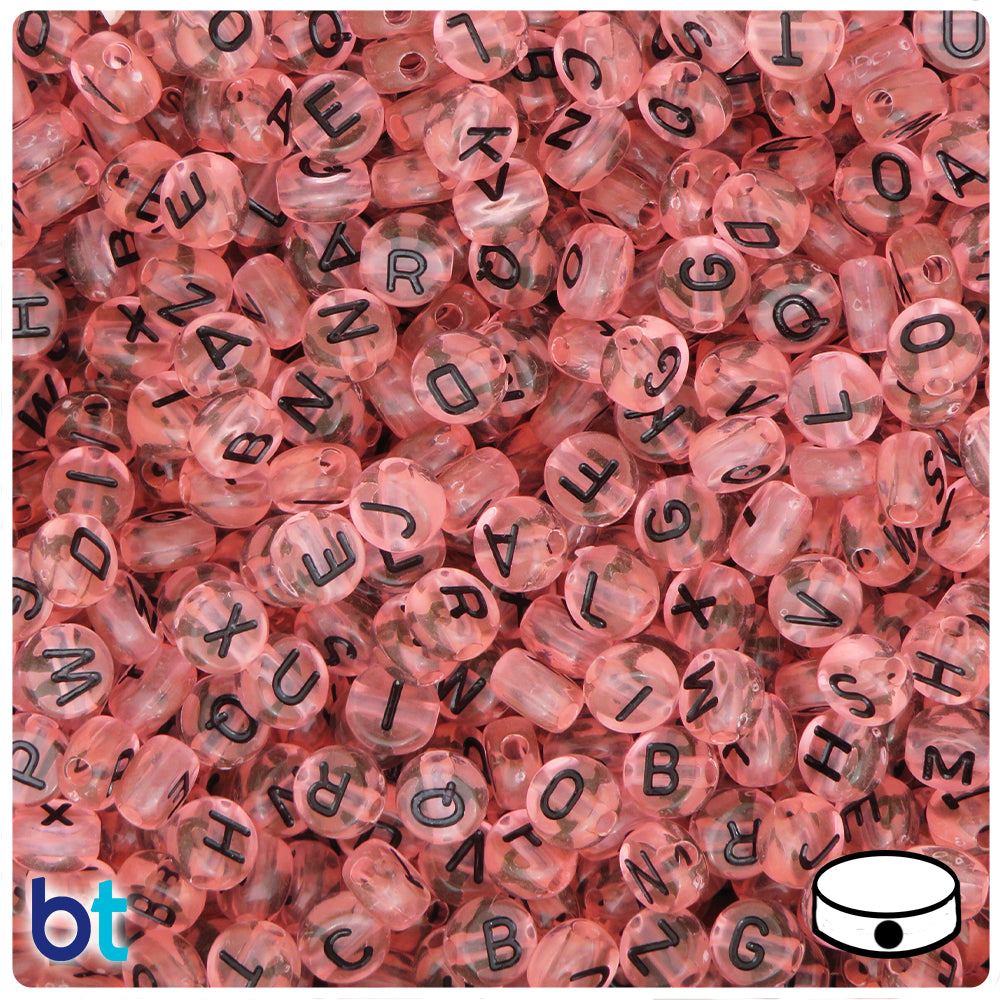 Light Pink Transparent 7mm Coin Alpha Beads - Black Letter Mix (250pcs)