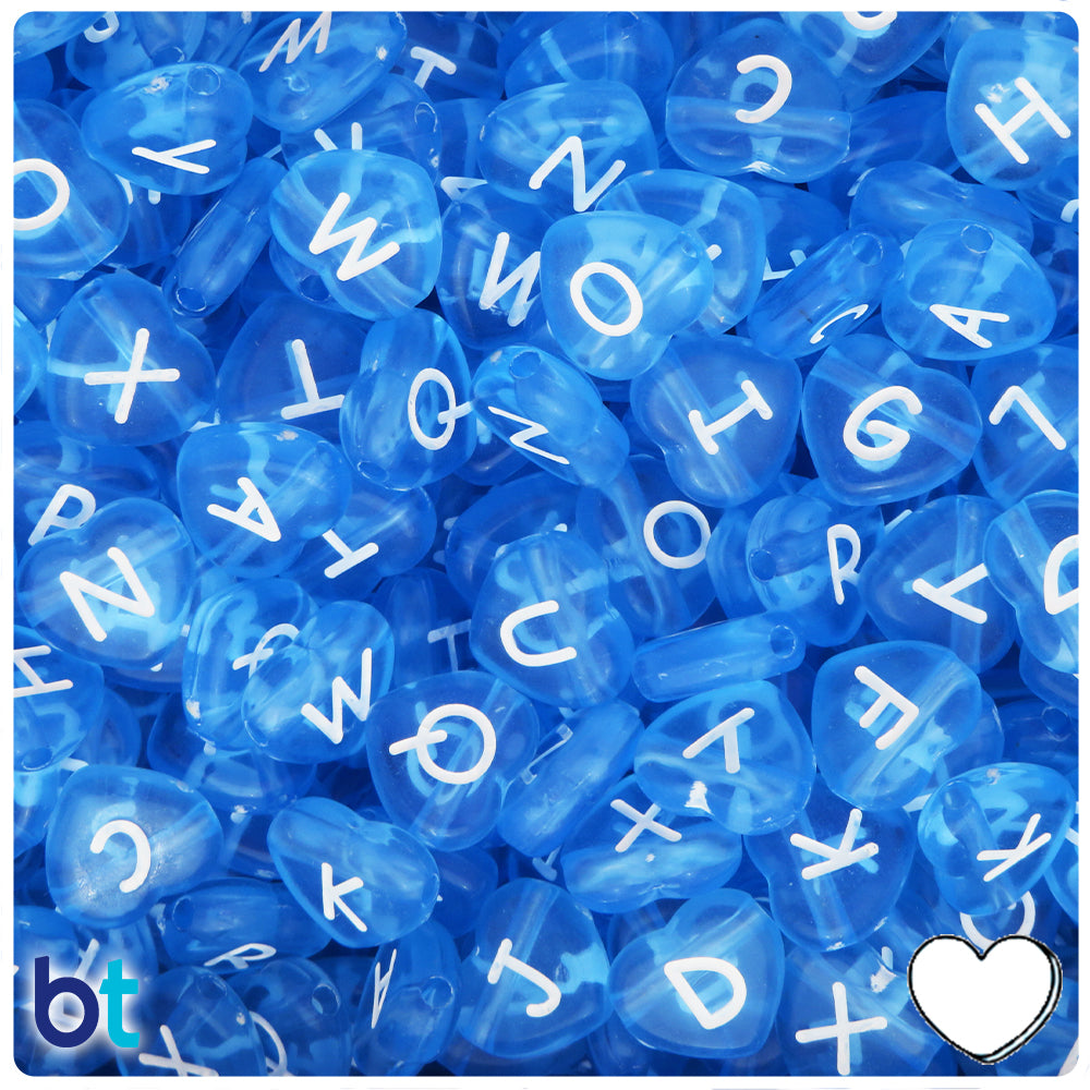 Light Blue Transparent 12mm Heart Alpha Beads - White Letter Mix (120pcs)