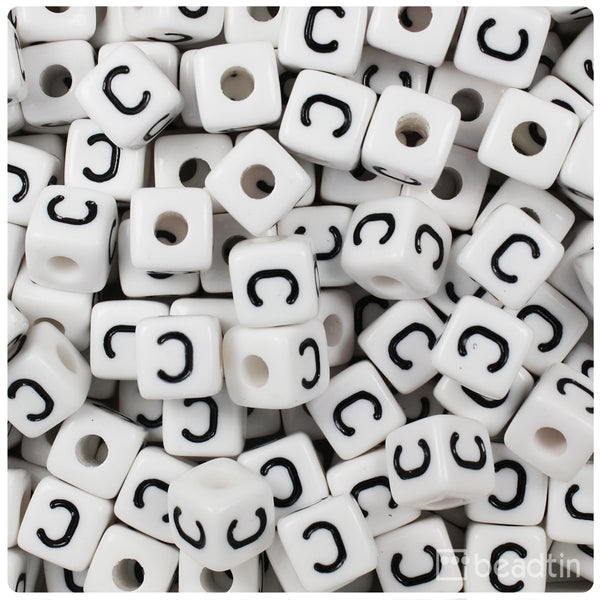 White Opaque 10mm Cube Alpha Beads - Black Letter B (20pcs)